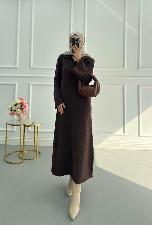 Sare Fashion Sleeve Detailed Knit Dress Brown