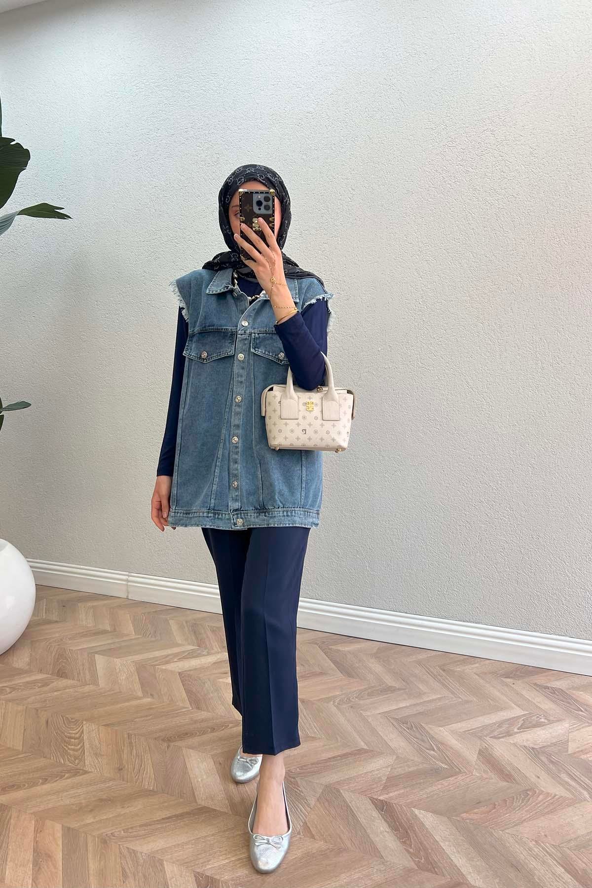 Sare Fashion Distressed Sleeve Denim Vest Blue