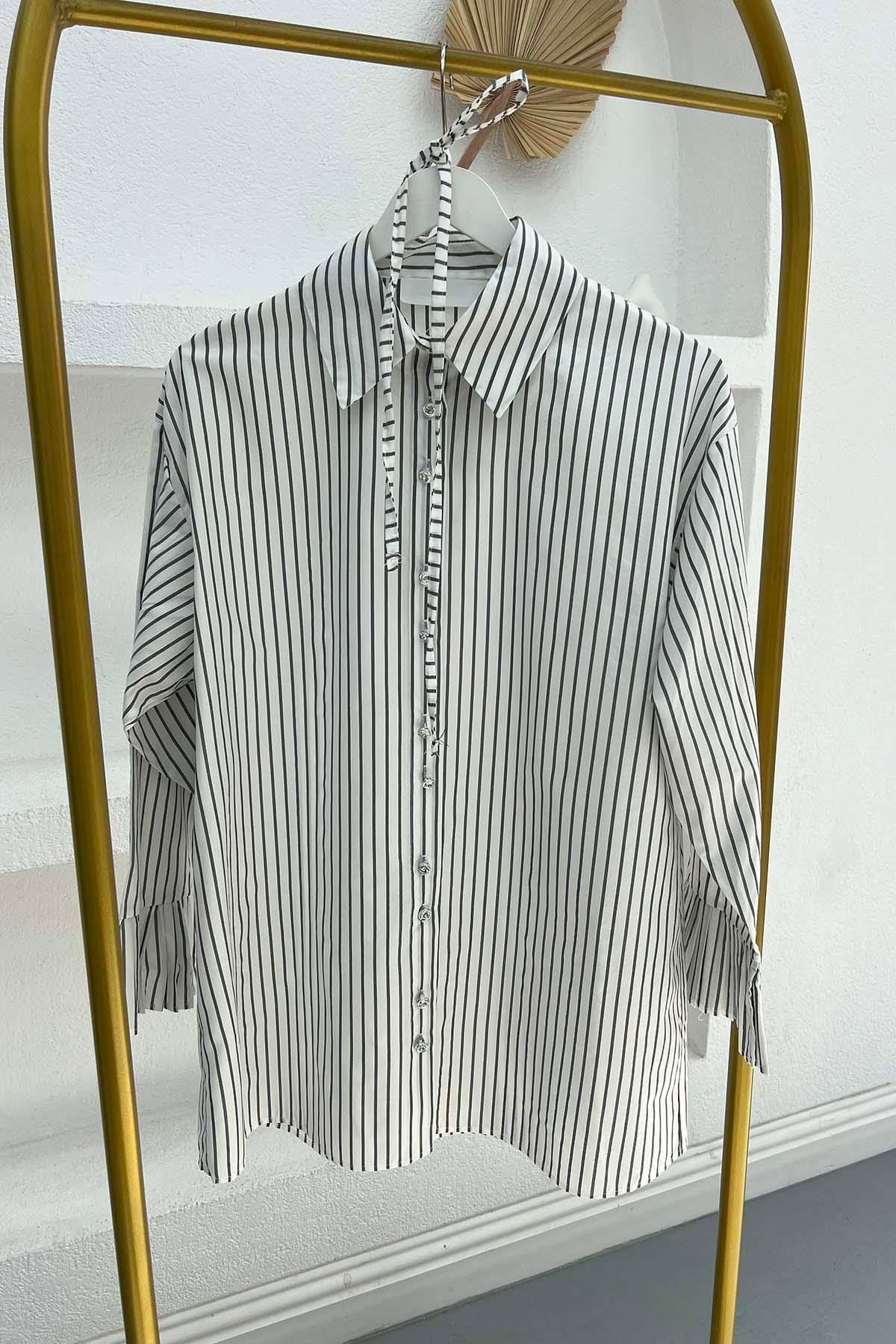 Sleeve Pleated Striped Shirt White