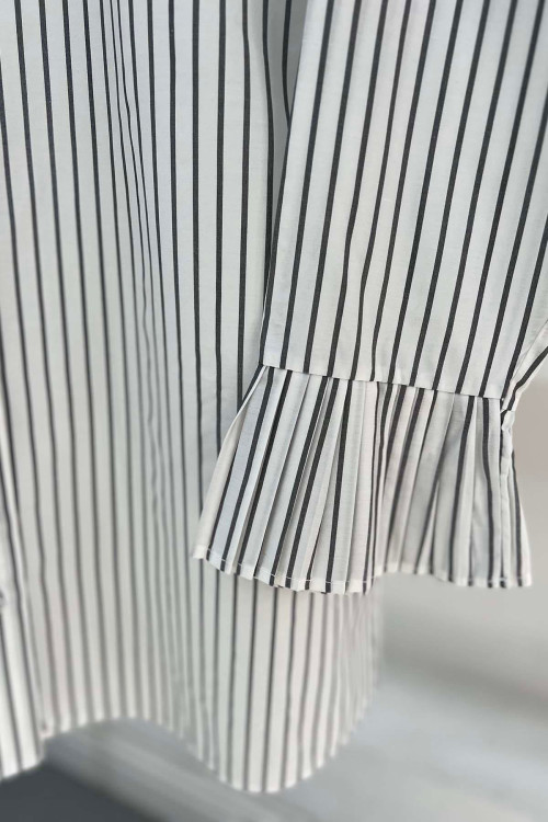 Sleeve Pleated Striped Shirt White