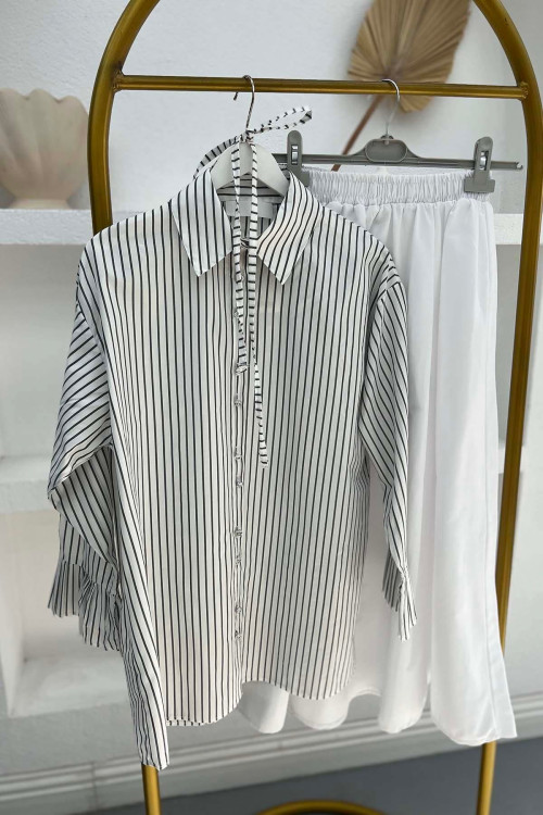 Sleeve Pleated Striped Shirt White