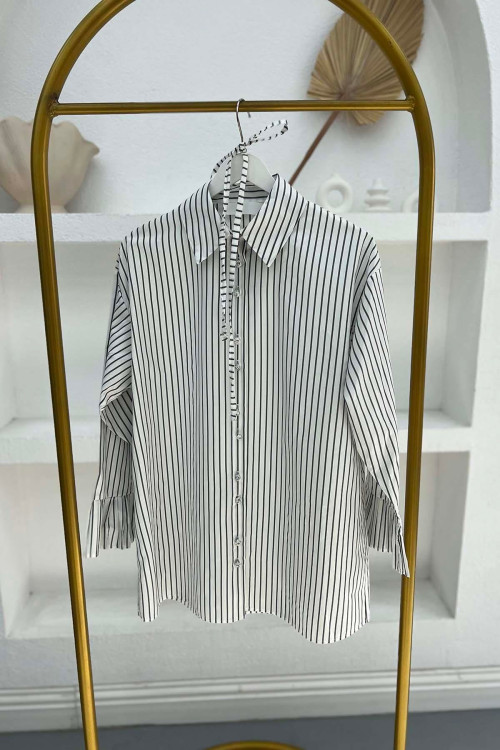 Sleeve Pleated Striped Shirt White