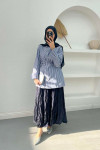 Sleeve Pleated Striped Shirt Navy Blue