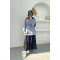 Sleeve Pleated Striped Shirt Navy Blue