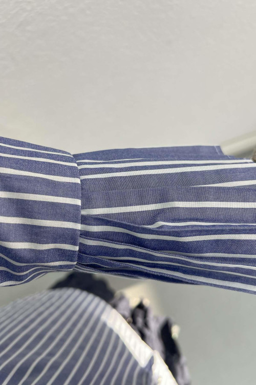 Sleeve Pleated Striped Shirt Navy Blue