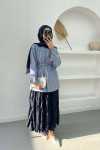 Sleeve Pleated Striped Shirt Navy Blue