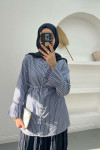 Sleeve Pleated Striped Shirt Navy Blue