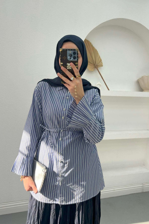 Sleeve Pleated Striped Shirt Navy Blue