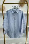 Sleeve Pleated Striped Shirt Blue