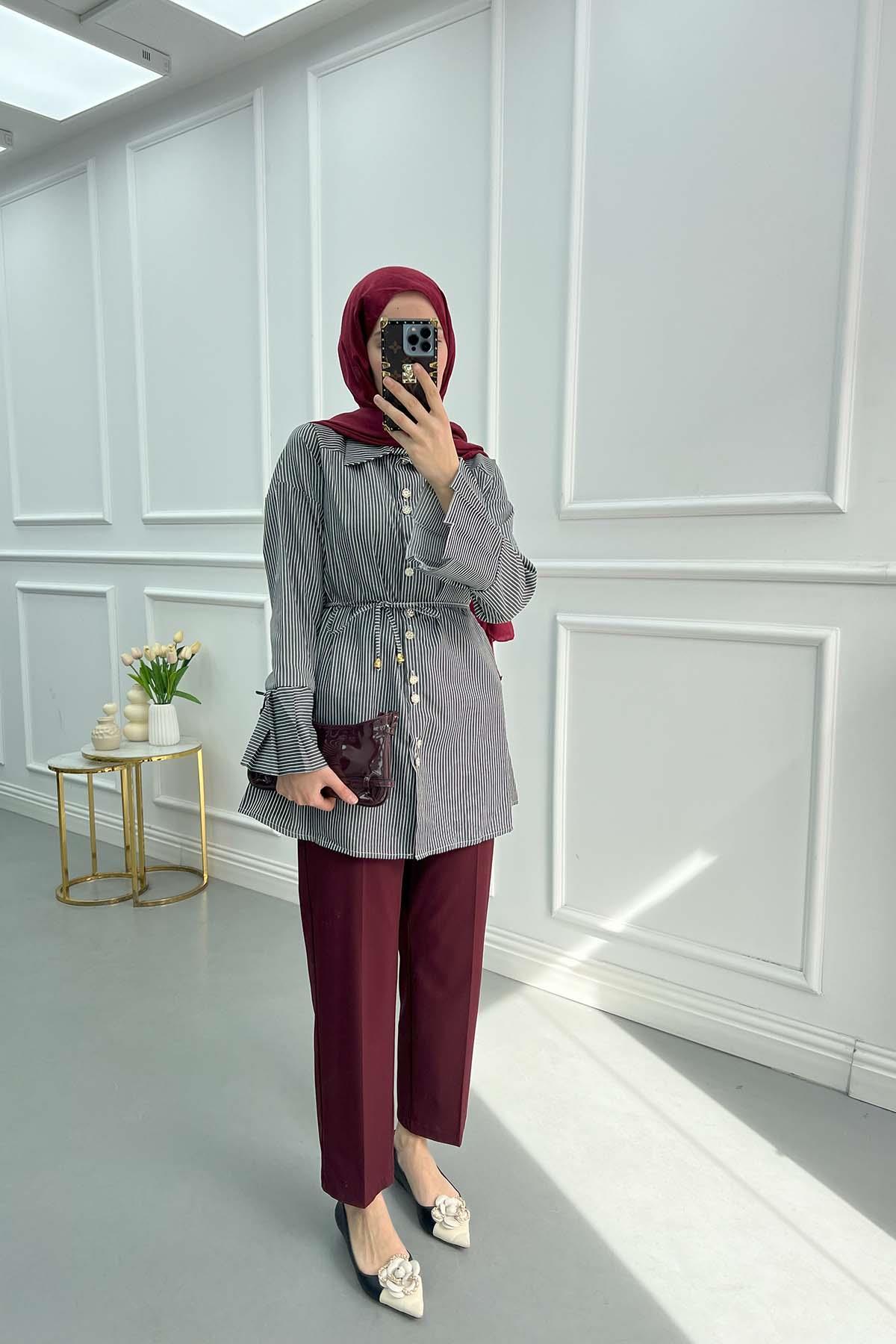 Sleeve Pleated Striped Shirt Black