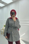 Sleeve Pleated Striped Shirt Black