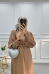 Pleated Sleeve Shiny Dress Brown