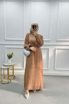 Pleated Sleeve Shiny Dress Brown