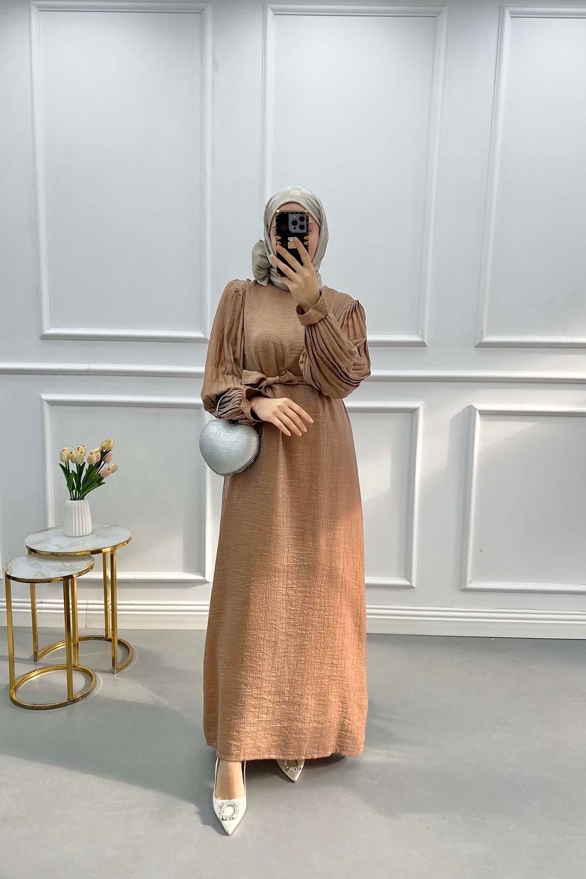 Pleated Sleeve Shiny Dress Brown