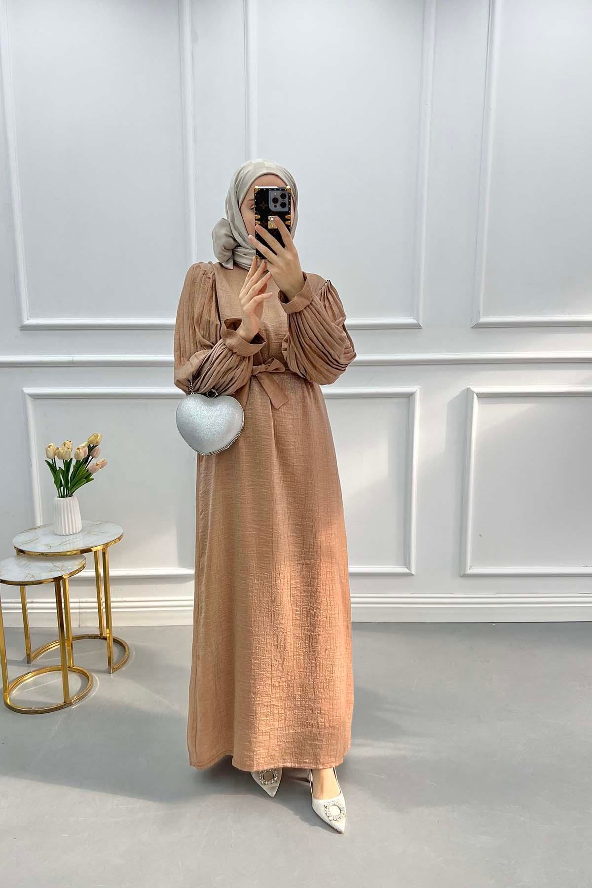 Pleated Sleeve Shiny Dress Brown