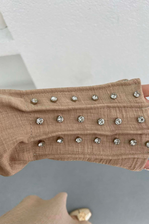 Pleated Sleeve and Stoned Suit Beige