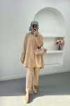 Pleated Sleeve and Stoned Suit Beige