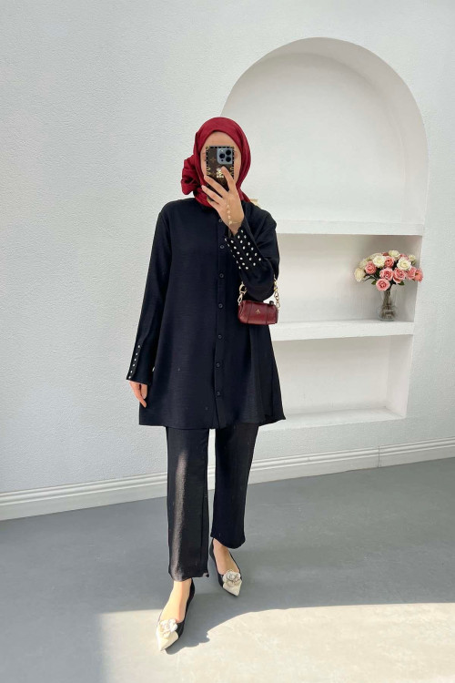 Pleated Sleeve and Stoned Suit Black