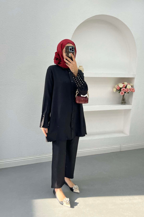 Pleated Sleeve and Stoned Suit Black