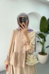 Sare Fashion Sleeve and Button Detailed Skirt Set Beige