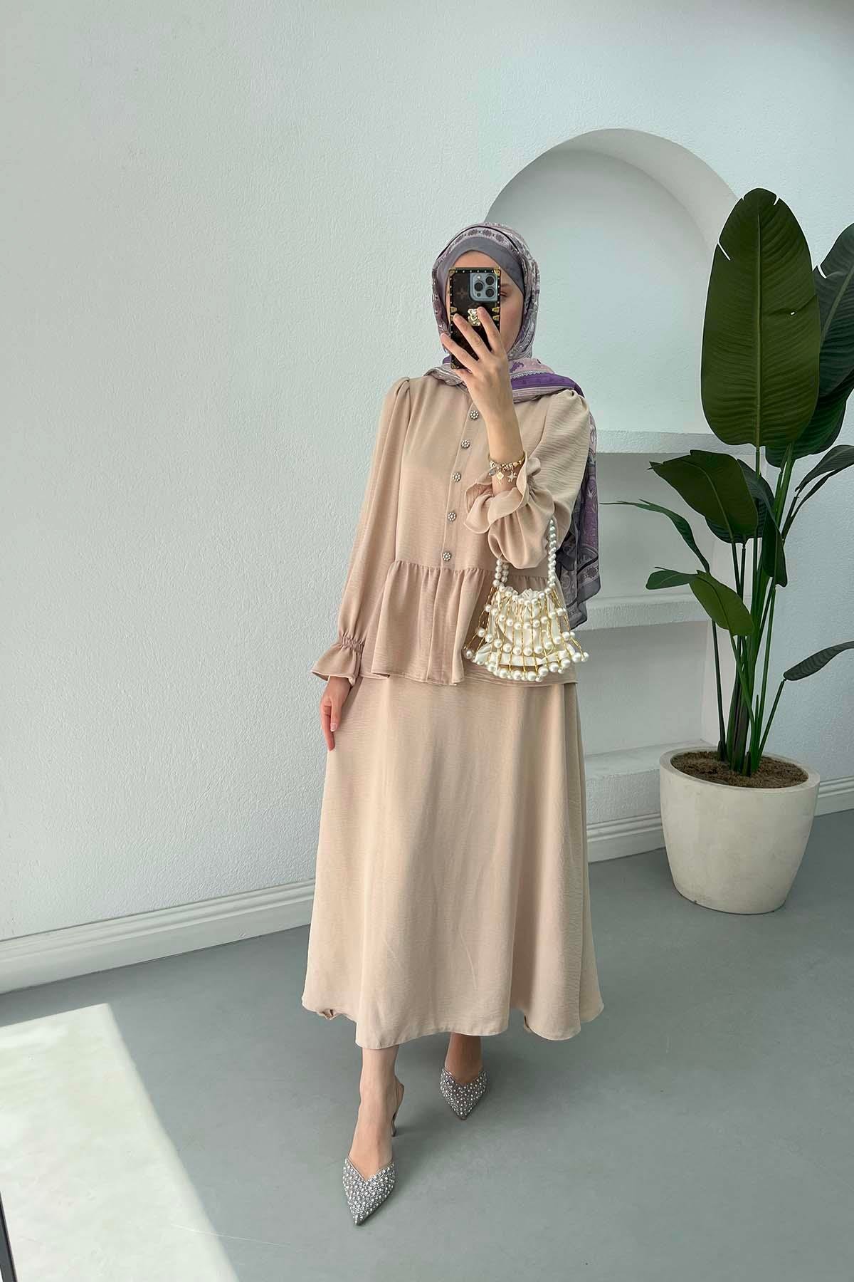 Sare Fashion Sleeve and Button Detailed Skirt Set Beige