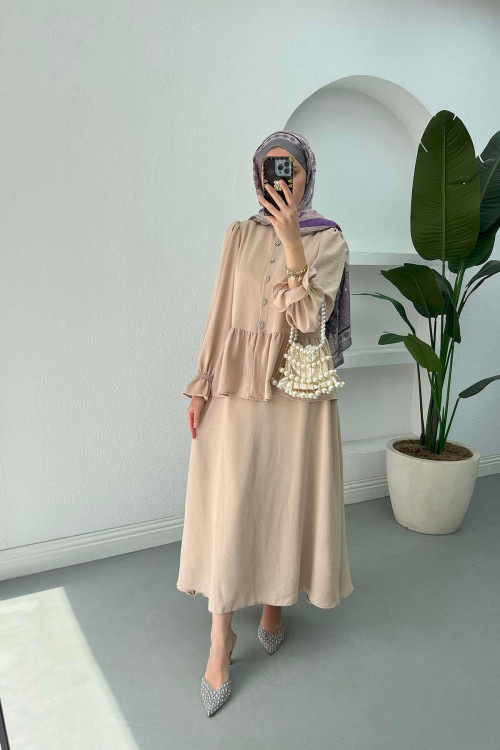 Sare Fashion Sleeve and Button Detailed Skirt Set Beige