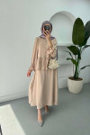 Sare Fashion Sleeve and Button Detailed Skirt Set Beige
