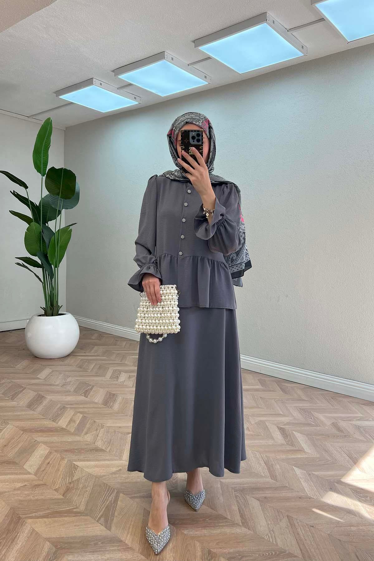 Sare Fashion Sleeve and Button Detailed Skirt Set Gray