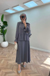 Sare Fashion Sleeve and Button Detailed Skirt Set Gray