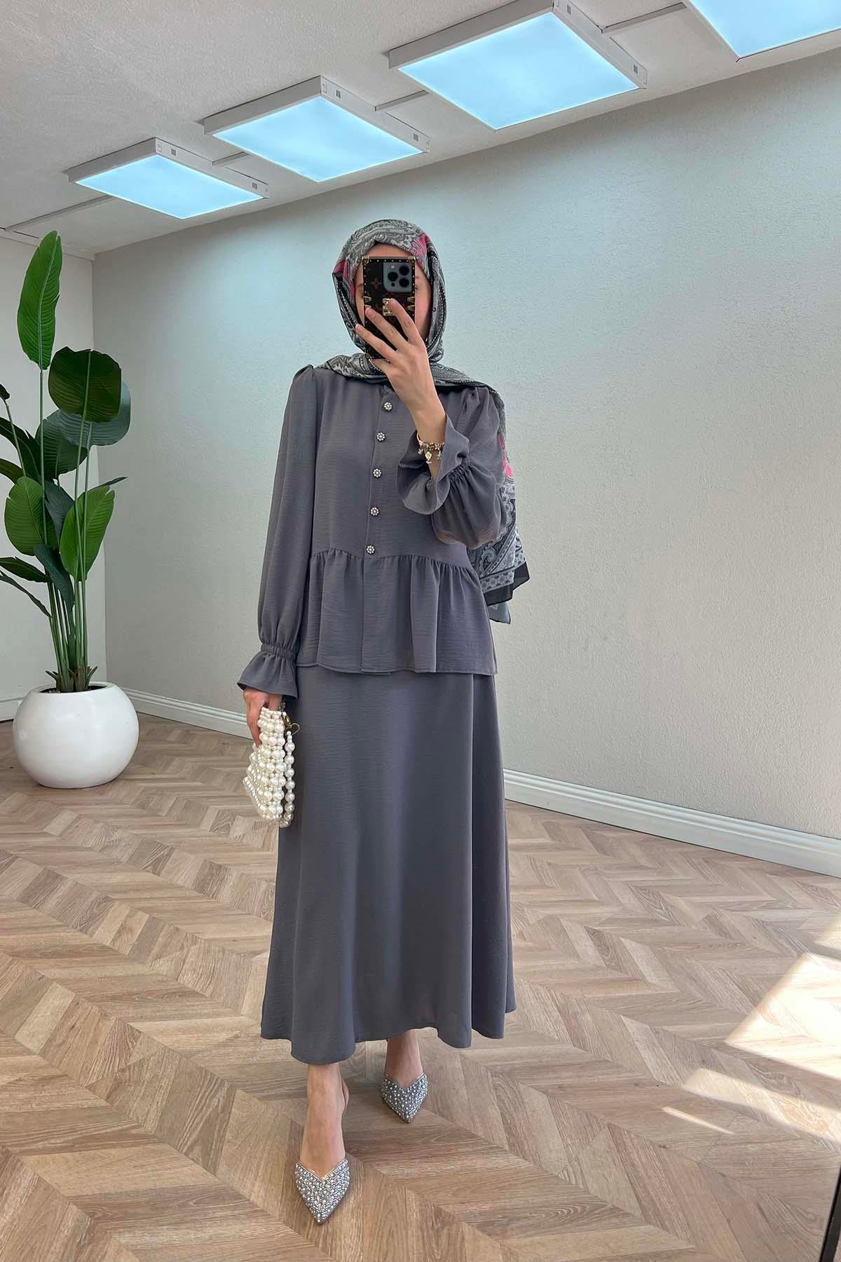 Sare Fashion Sleeve and Button Detailed Skirt Set Gray