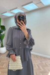 Sare Fashion Sleeve and Button Detailed Skirt Set Gray