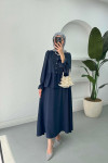 Sare Fashion Sleeve and Button Detailed Skirt Suit Navy Blue