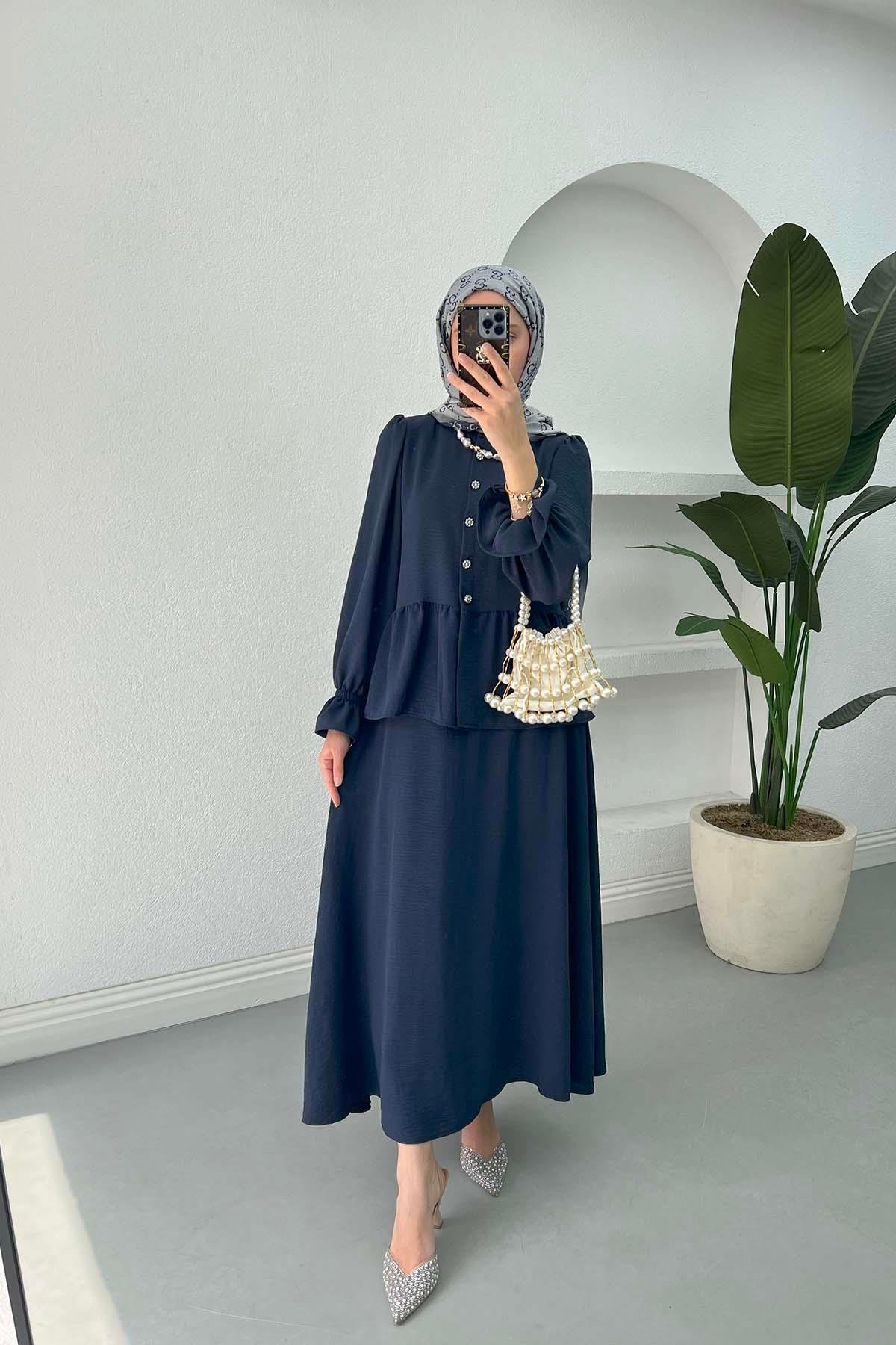 Sare Fashion Sleeve and Button Detailed Skirt Suit Navy Blue