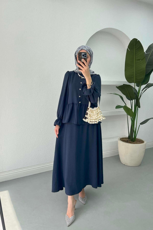 Sare Fashion Sleeve and Button Detailed Skirt Suit Navy Blue