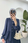 Sare Fashion Sleeve and Button Detailed Skirt Suit Navy Blue