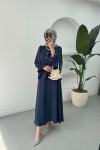 Sare Fashion Sleeve and Button Detailed Skirt Suit Navy Blue
