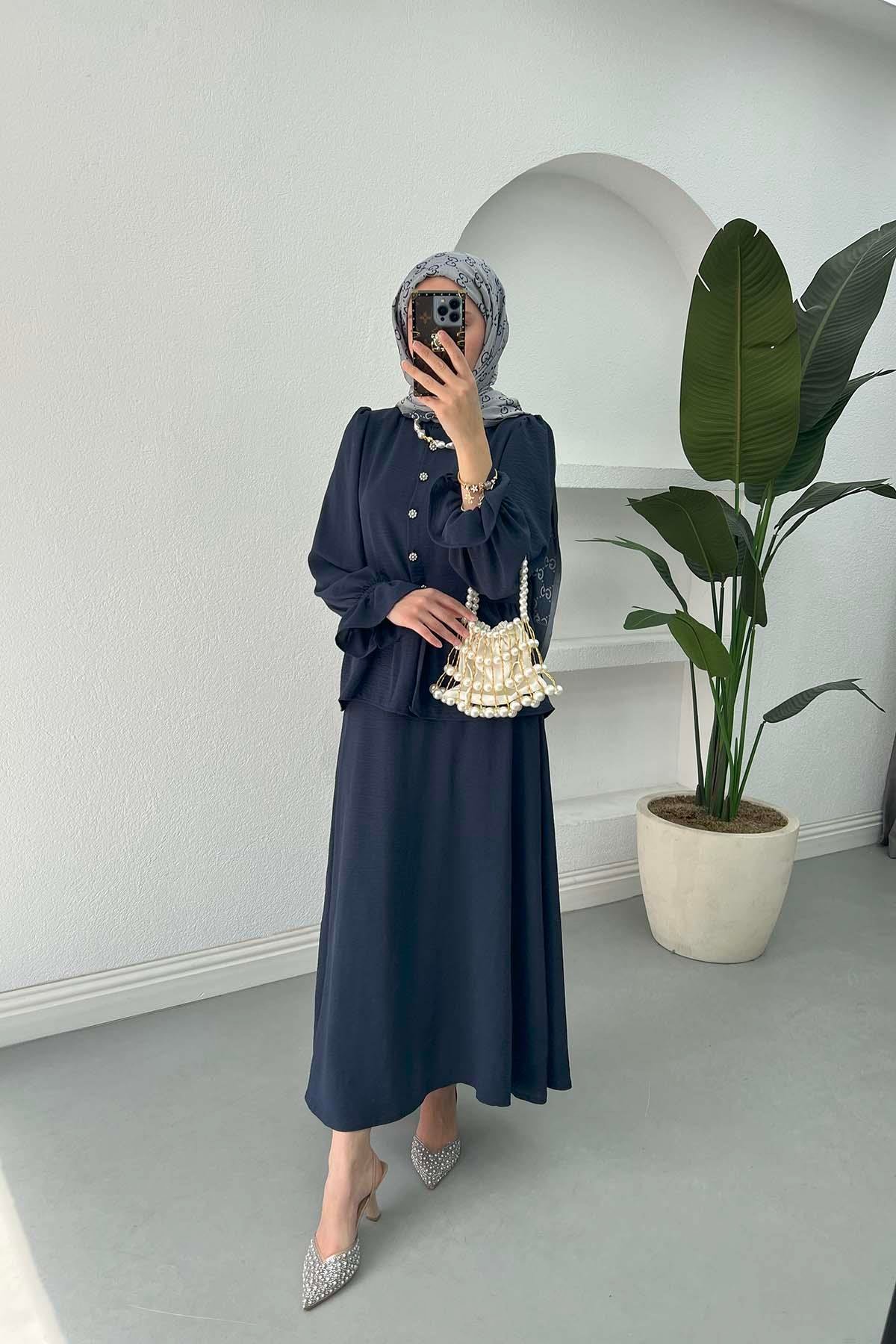 Sare Fashion Sleeve and Button Detailed Skirt Suit Navy Blue