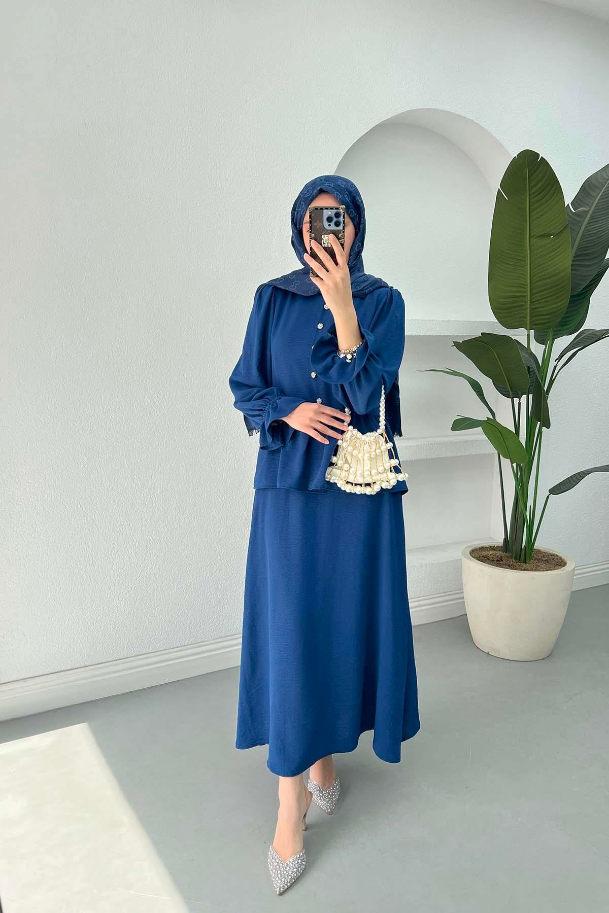 Sare Fashion Sleeve and Button Detailed Skirt Set Saxe Blue
