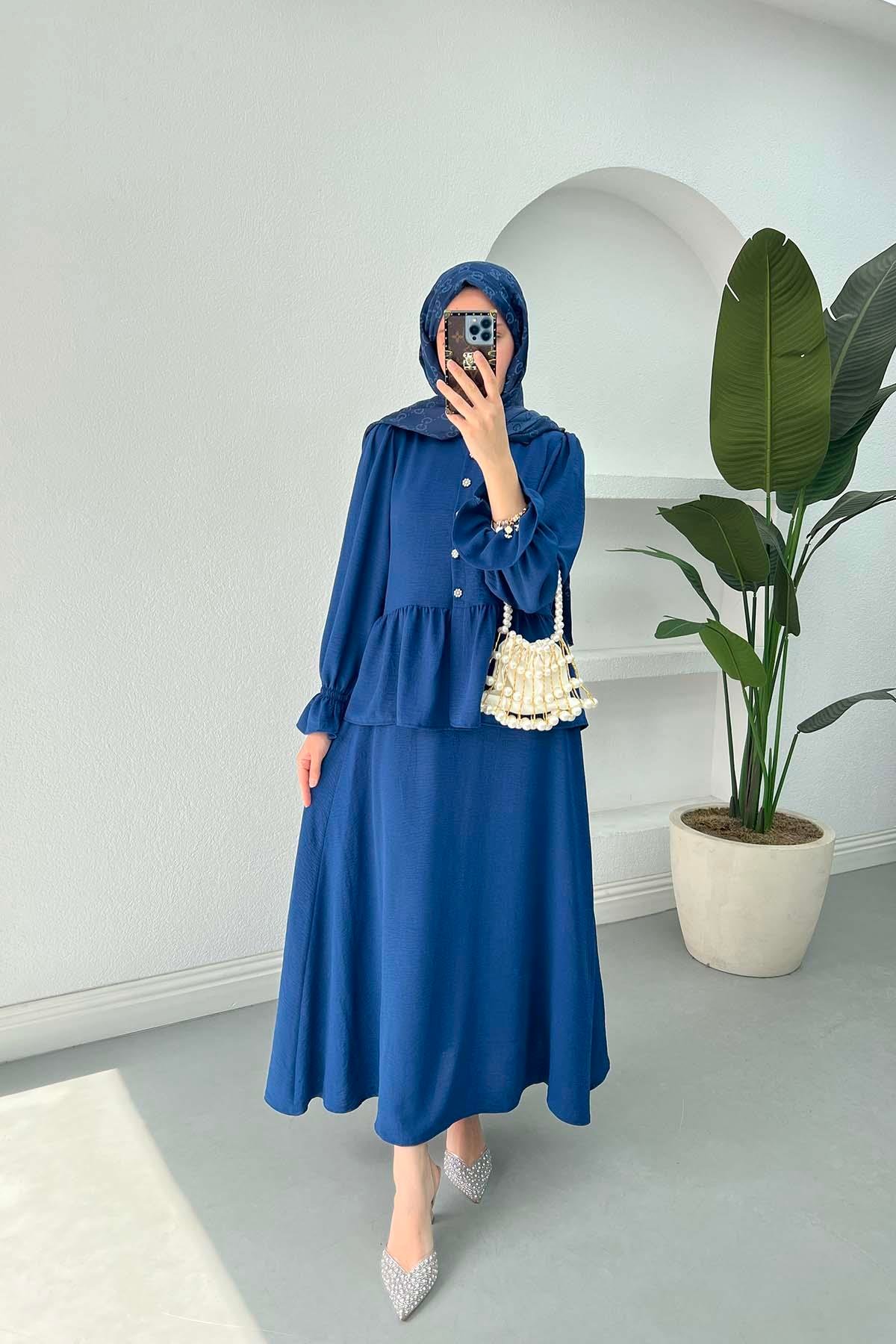 Sare Fashion Sleeve and Button Detailed Skirt Set Saxe Blue