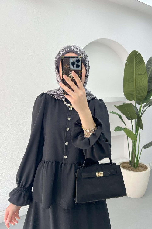 Sare Fashion Sleeve and Button Detailed Skirt Set Black