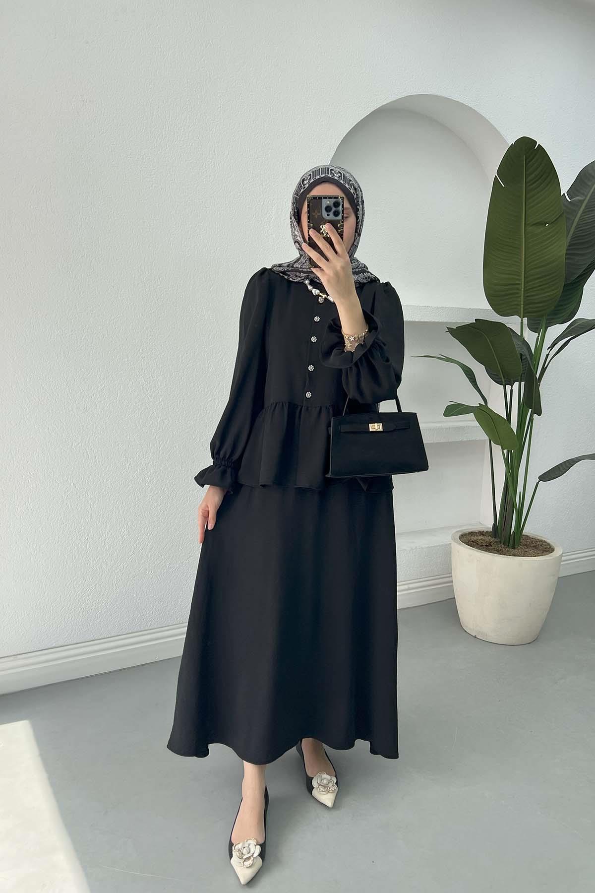 Sare Fashion Sleeve and Button Detailed Skirt Set Black