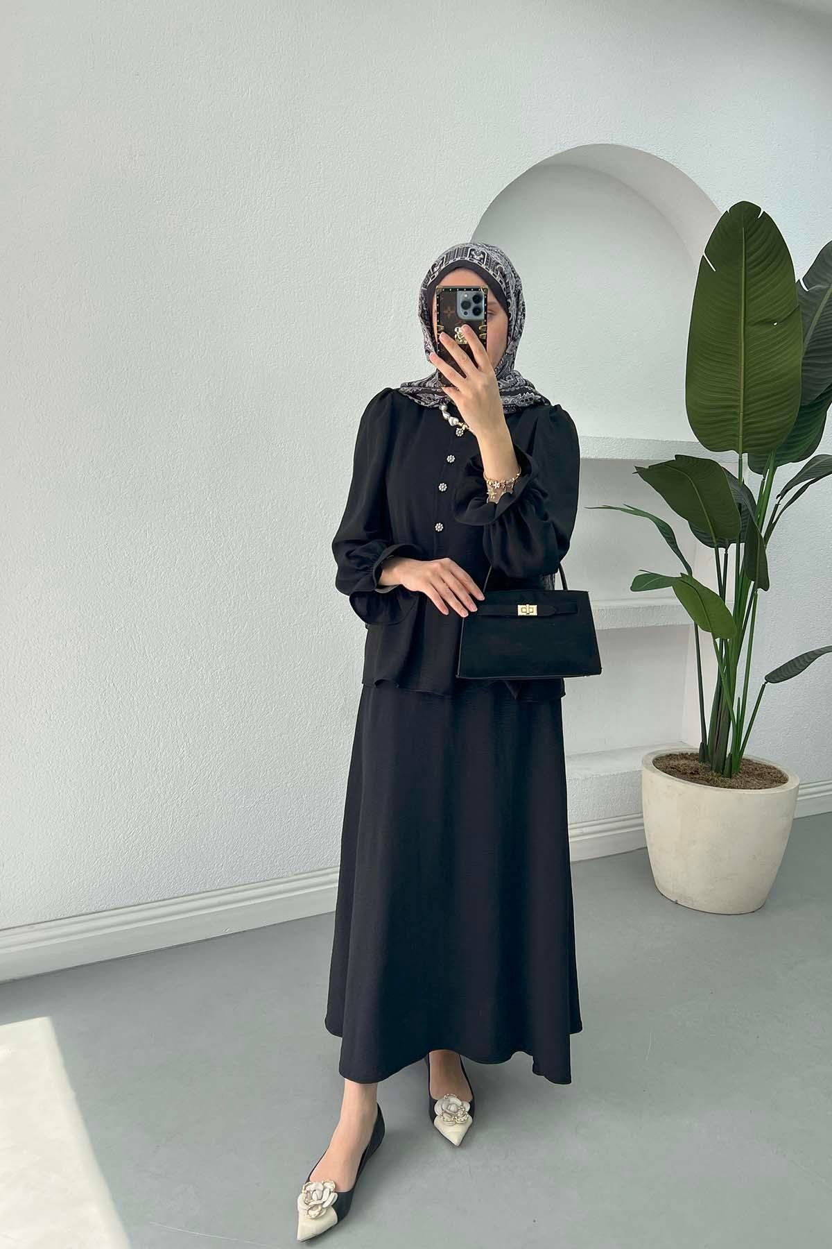 Sare Fashion Sleeve and Button Detailed Skirt Set Black