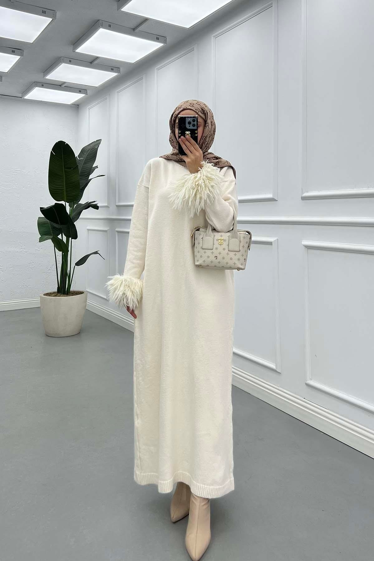 Sare Fashion Ecru Knit Dress with Tasseled Sleeves