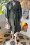 Sare Fashion Belted Trench Coat with Rope Detail on Sleeves Khaki