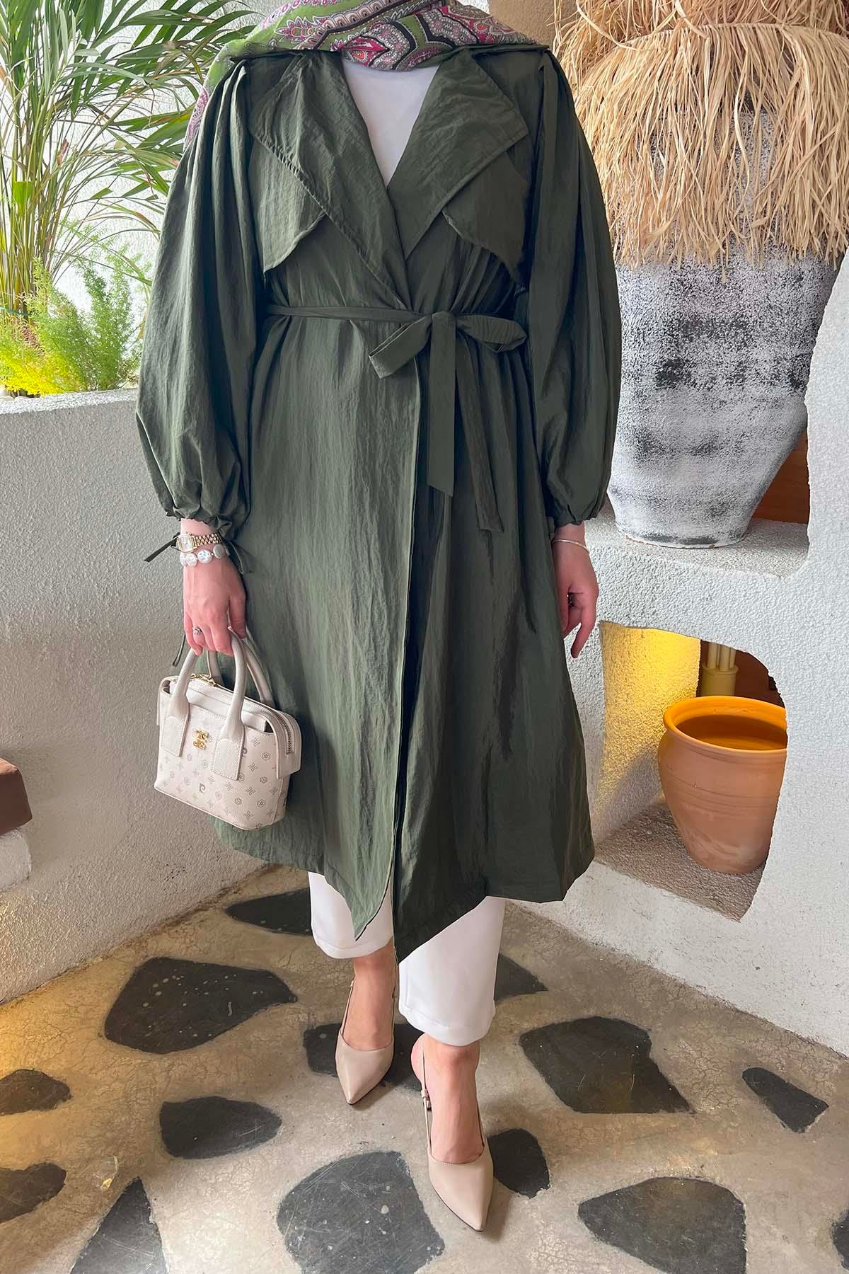 Sare Fashion Belted Trench Coat with Rope Detail on Sleeves Khaki