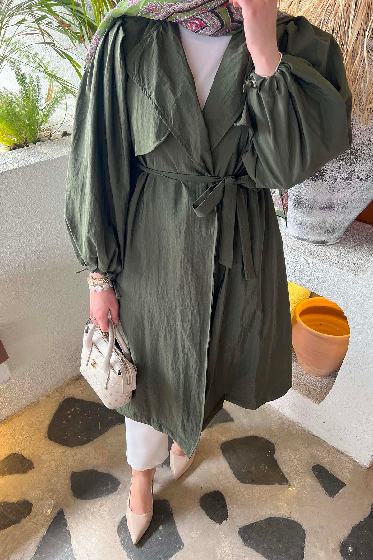 Sare Fashion Belted Trench Coat with Rope Detail on Sleeves Khaki