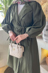 Sare Fashion Belted Trench Coat with Rope Detail on Sleeves Khaki