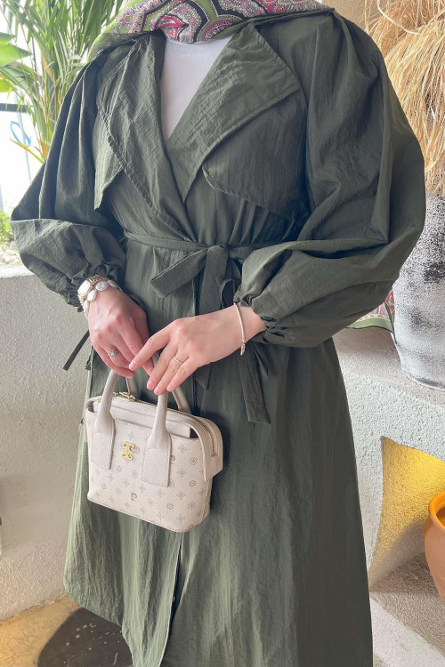 Sare Fashion Belted Trench Coat with Rope Detail on Sleeves Khaki