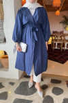 Sare Fashion Belted Trench Coat with Rope Detail on Sleeves Navy Blue