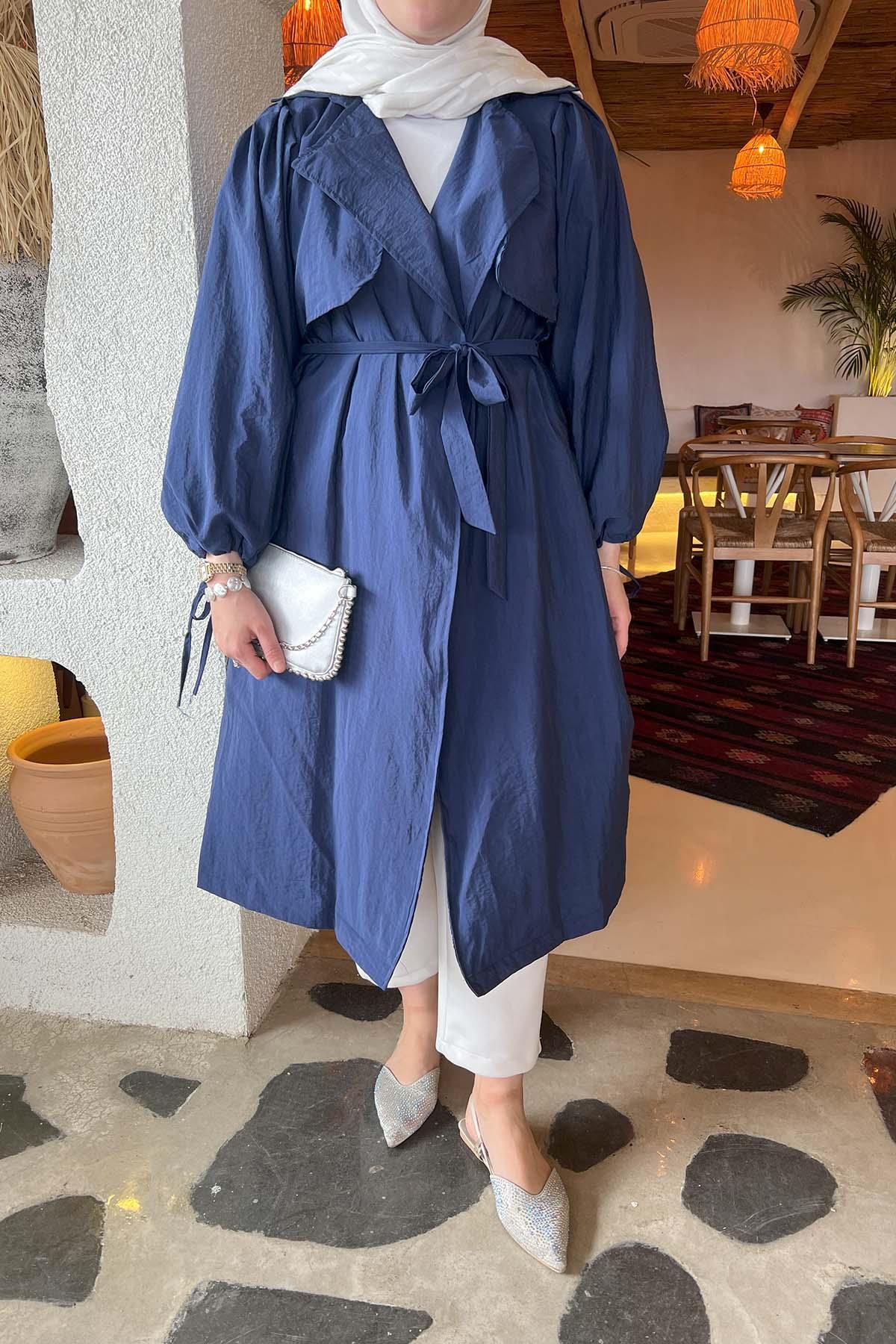 Sare Fashion Belted Trench Coat with Rope Detail on Sleeves Navy Blue